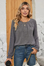 Ruched Round Neck Flounce Sleeve T-Shirt Dark Gray Woman T Shirts