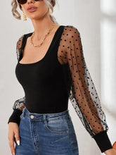 FAM-FAM Square Neck Polka Dot Long Sleeve T-Shirt Black Woman T Shirts