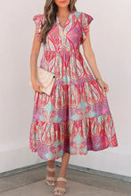 Tribal Paisley Print Ruffled Sleeve Notch Neck Midi Dress Dusty Pink Casual Dresses