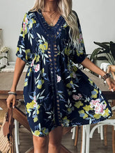 Crochet Front V-Neck Printed Cover-Up Dark Blue One Size Swimwear Cover-Ups