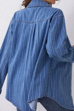 Striped Texture Collared Neck Denim Top Woman Tops