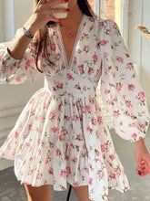 Lace Detail V-Neck Balloon Sleeve Dress Blush Pink Woman Casual Dress