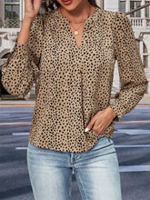 Perfee Leopard Notched Neck Puff Sleeve Blouse Khaki Woman Blouses