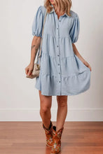 Button Up Puff Sleeve Tiered Shirt Dress Woman Casual Dress