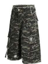 Men's Distressed Camo Print Cargo Denim Shorts Denim Shorts