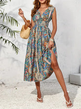 Smocked Printed Surplice Sleeveless Midi Dress Woman Casual Dress
