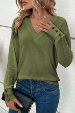 Decorative Button V-Neck Long Sleeve T-Shirt Matcha Green Woman T Shirts