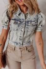 Wash Buttoned Chest Pocket Puff Sleeve Denim Jacket Medium Woman Outerwear