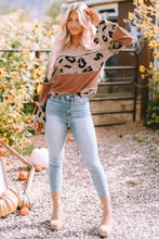 Leopard Colorblock Patchwork V-Neck Loose Sleeve Knit Top Woman Blouses