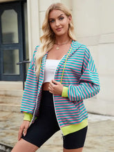 Drawstring Striped Zip Up Long Sleeve Hoodie Woman Sweatshirts