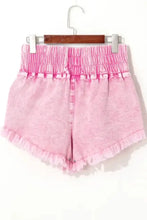 Washed Wide Smocked Waistband Frayed Denim Shorts Denim Shorts