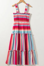 Contrast Stripe Wide Strap Smocked Tiered Dress Woman Casual Dress