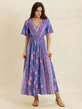 Printed Short Sleeve Midi Dress Blue Purple Casual Dresses