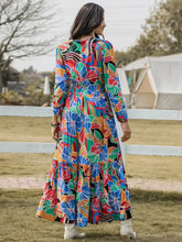 Printed Smocked Tie Neck Balloon Sleeve Maxi Dress Maxi Dresses