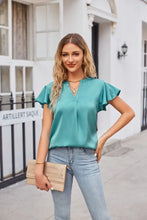 Notched Neck Flutter Sleeve Satin Top Woman T Shirts