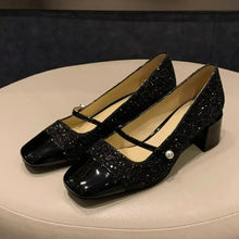 Square Toe Block Heels Slip-Ons Black Woman Loafers