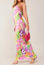 Vibrant pink, green, purple floral print one-shoulder maxi dress