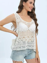 Cutout Round Neck Sleeveless Cover Up White One Size Swimwear Cover-Ups