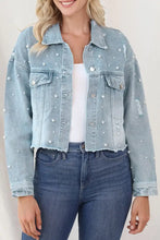 Distressed Pearl Trim Button Up Denim Jacket Light Woman Outerwear
