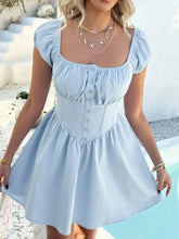 Devine Ruched Puff Sleeve Mini Dress Light Blue Woman Casual Dress