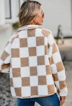 Checkered Snap Down Long Sleeve Teddy Jacket Woman Outerwear
