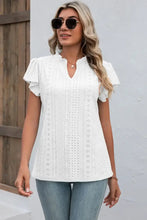 Eyelet Notched Flutter Sleeve T-Shirt White Woman T Shirts