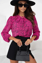 Leopard Round Neck Balloon Sleeve Blouse Hot Pink Woman Blouses