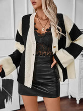 Waffle-Knit V-Neck Striped Long Sleeve Cardigan Woman Outerwear