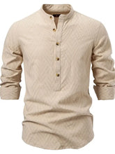 Men's Half Button Geometric Texture Collared Neck Shirt Khaki Mens Tops