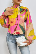 Floral Smocked Lantern Sleeve Mock Neck Blouse Woman Blouses