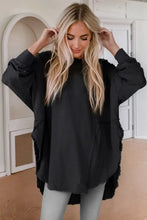 Contrast Texture Round Neck Long Sleeve Blouse Black Woman Sweatshirts