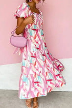 Geometric Print Puff Sleeve Square Neck Midi Dress Casual Dresses