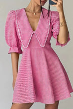 Gingham Puff Sleeve Mini Dress Pink Woman Casual Dress