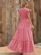 Printed V-Neck Ruffled Cap Sleeve Maxi Dress Woman Maxi Dress