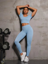 Round Neck Short Sleeve Top and Leggings Active Set Light Blue Woman Activewear