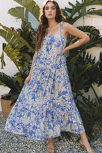 Floral Print Self-tie Straps Flowy Ruffle Dress Blue Purple Woman Casual Dress
