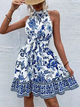 Floral Halter Neck Summer Dress with Belt Blue Flower Woman Casual Dress