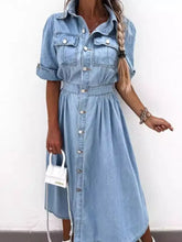 Full Size Button Down Roll-Up Sleeve Denim Shirt Dress Plus Size Woman Dress