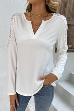 Shiny Spliced Lace Notched Neck Top White Woman T Shirts