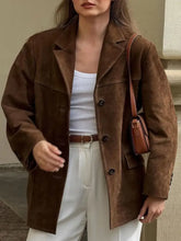 Lapel Collar Button Up Jacket Brown Woman Outerwear
