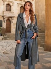 Tie Waist Long Sleeve Coat Dark Gray Woman Outerwear