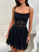 Devine Lace-Up Layered Lace Mini Cami Dress Black Cocktail Dress