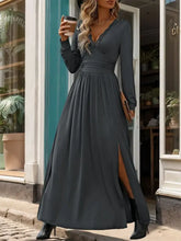 Perfee Lace Detail Slit V-Neck Long Sleeve Dress Dark Gray Woman Maxi Dress