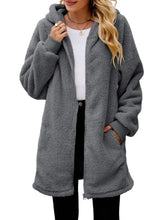 Fuzzy Pocketed Zip Up Long Sleeve Hooded Jacket Woman Outerwear