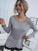 Shiny Spliced Lace Contrast Round Neck Top Woman Blouses