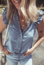 Frilly Ruffle Trim V Neck Chambray Tank Woman Denim Tops