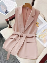 Tie Waist Lapel Collar Sleeveless Blazer Pale Blush Woman Outerwear