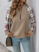 Perfee Plaid Half Zip Long Sleeve Texture Sweatshirt Tan Woman Sweatshirts