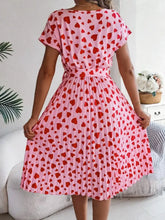 Heart Print Short Sleeve Tie Waist Dress Woman Casual Dress