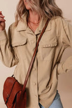 Frill Button Up Long Sleeve Shacket Tan Woman Outerwear